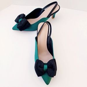 GREEN PUMPS slingback black bow pointed toe prom formal size 8.5 FSJ Lik…